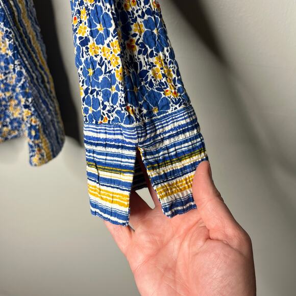 Habitat Yellow Blue Stripe Floral *XS Top Cotton Crinkle 3/4 Sleeve Button Boho - Picture 10 of 16